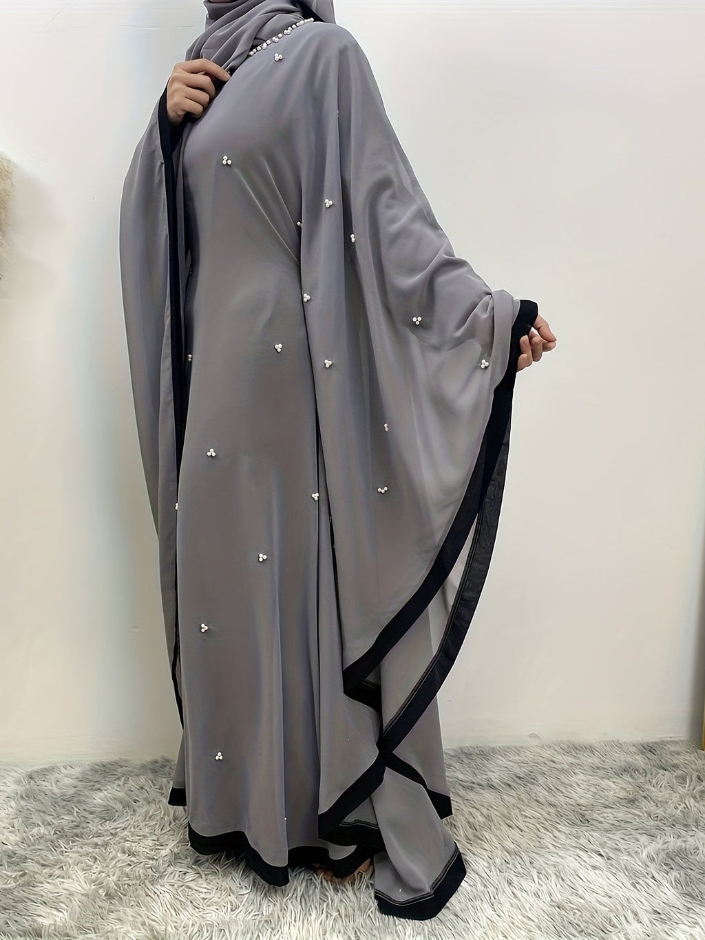 Beaded Contrast Trim Modest Dress, Elegant Batwing Sleeve Loose Maxi '/MH_7_image