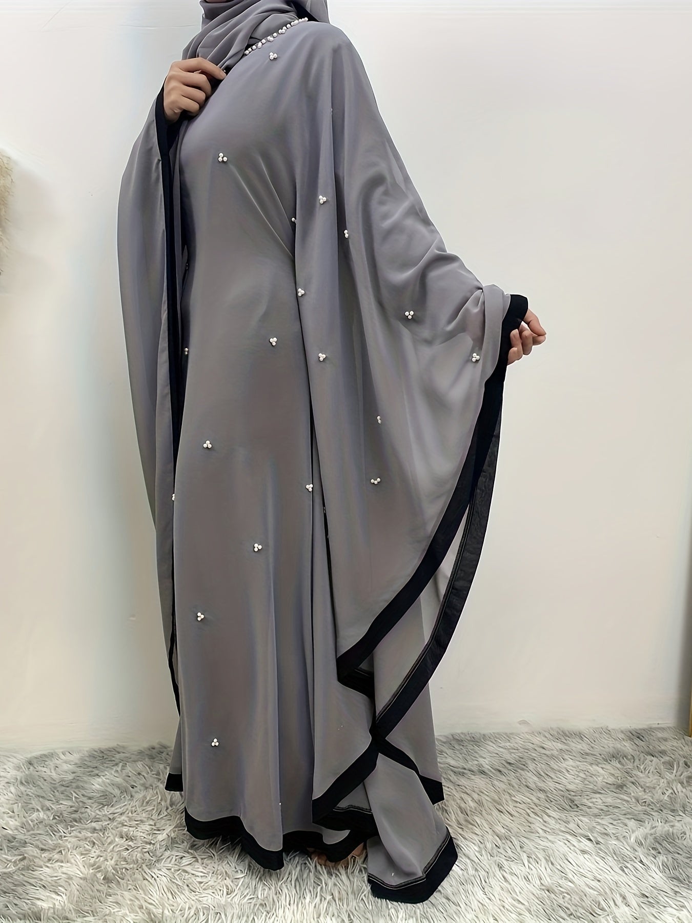 Beaded Contrast Trim Modest Dress, Elegant Batwing Sleeve Loose Maxi '/MH_7_image