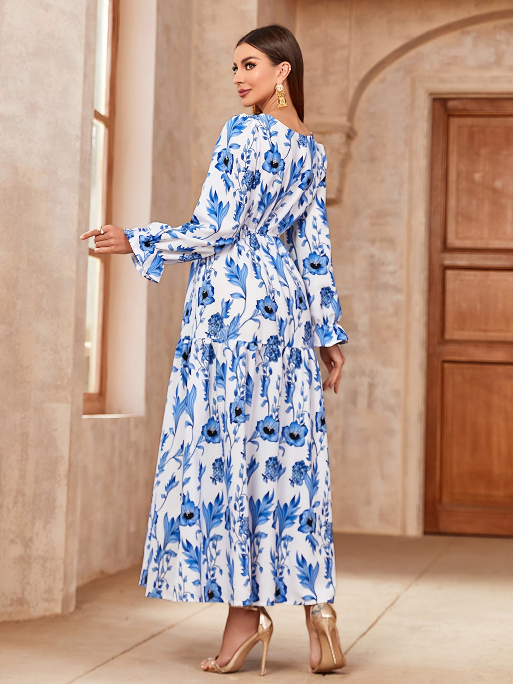 Floral Print Crew Neck Kaftan Dress, /MH_4_image
