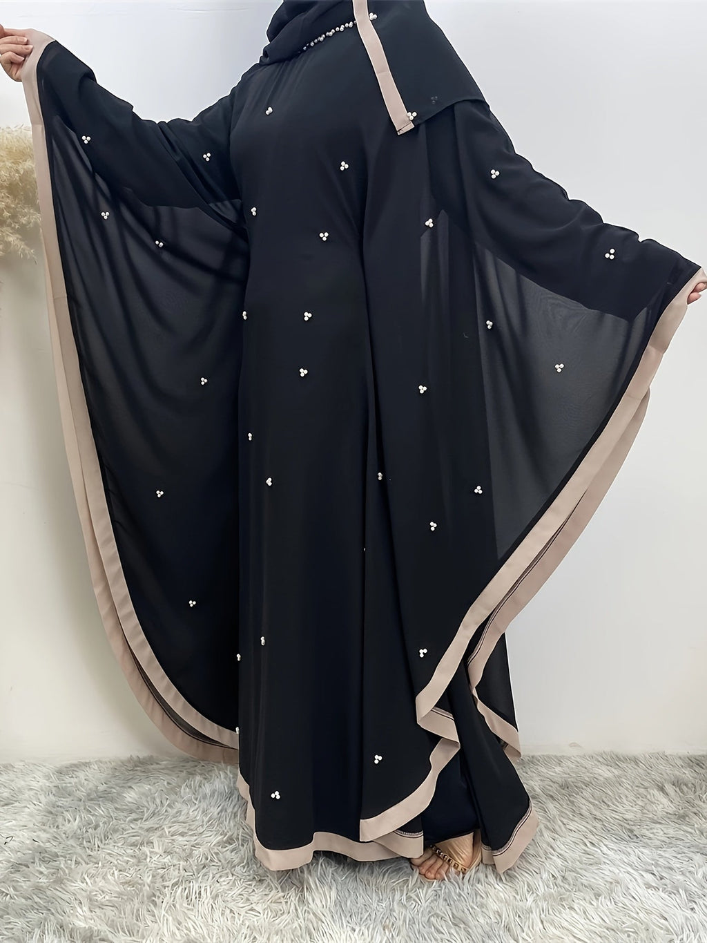 Beaded Contrast Trim Modest Dress, Elegant Batwing Sleeve Loose Maxi '/MH_6_image