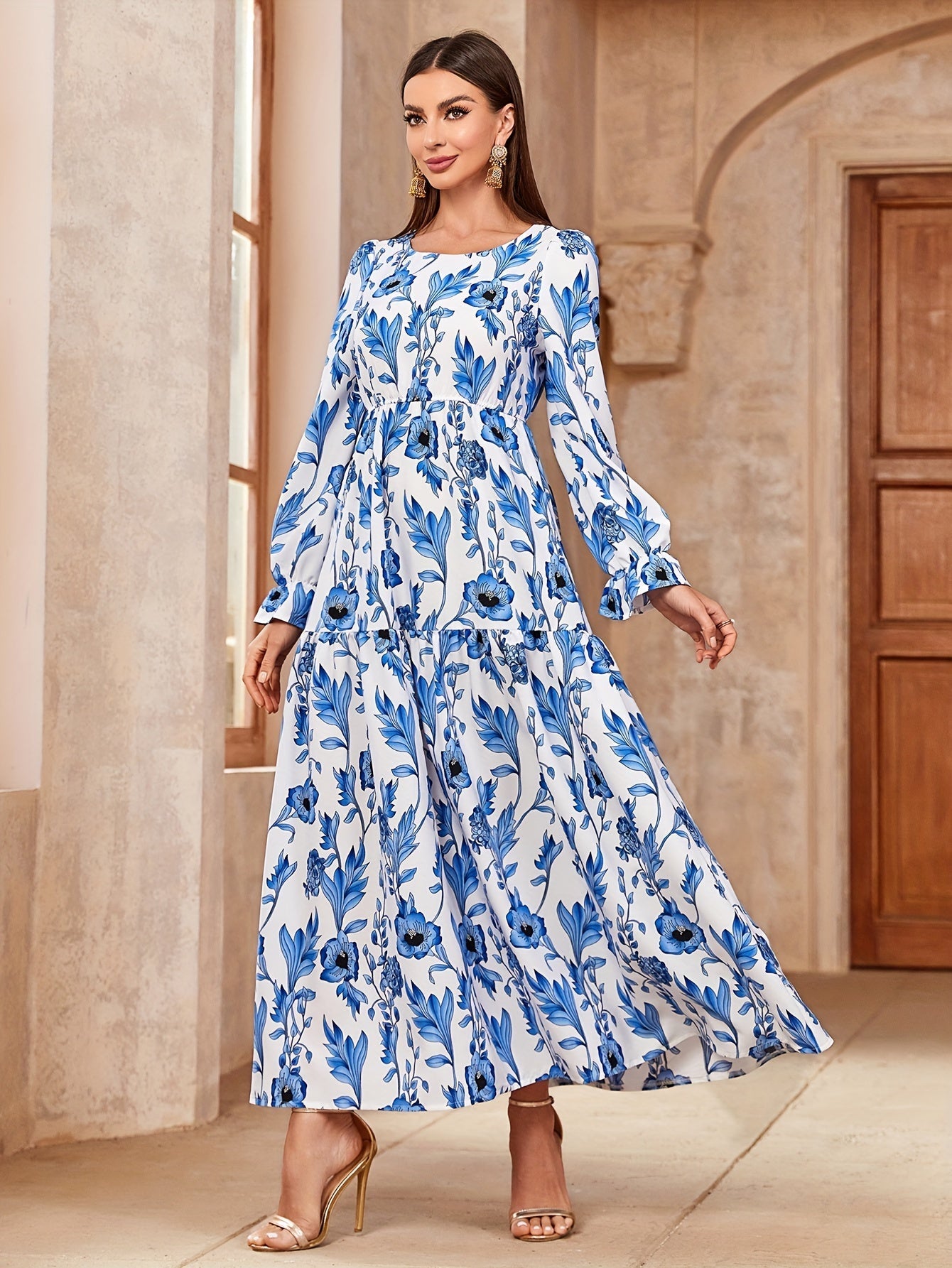 Floral Print Crew Neck Kaftan Dress, /MH_5_image