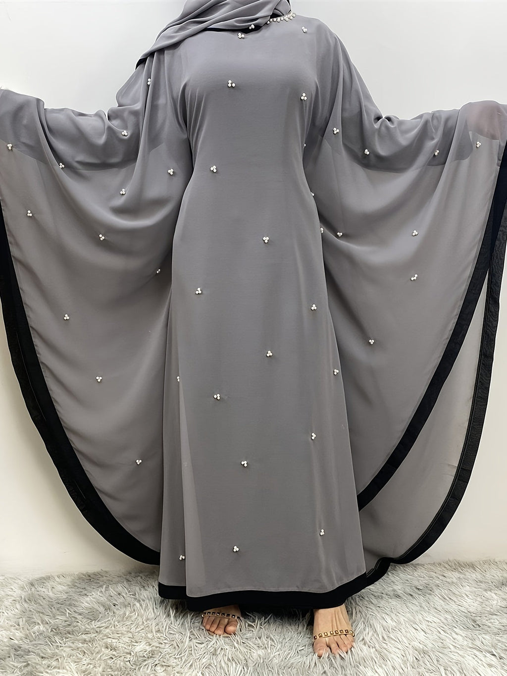 Beaded Contrast Trim Modest Dress, Elegant Batwing Sleeve Loose Maxi '/MH_1_image