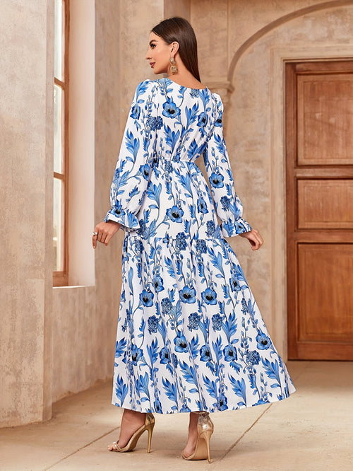 Floral Print Crew Neck Kaftan Dress, /MH_1_image