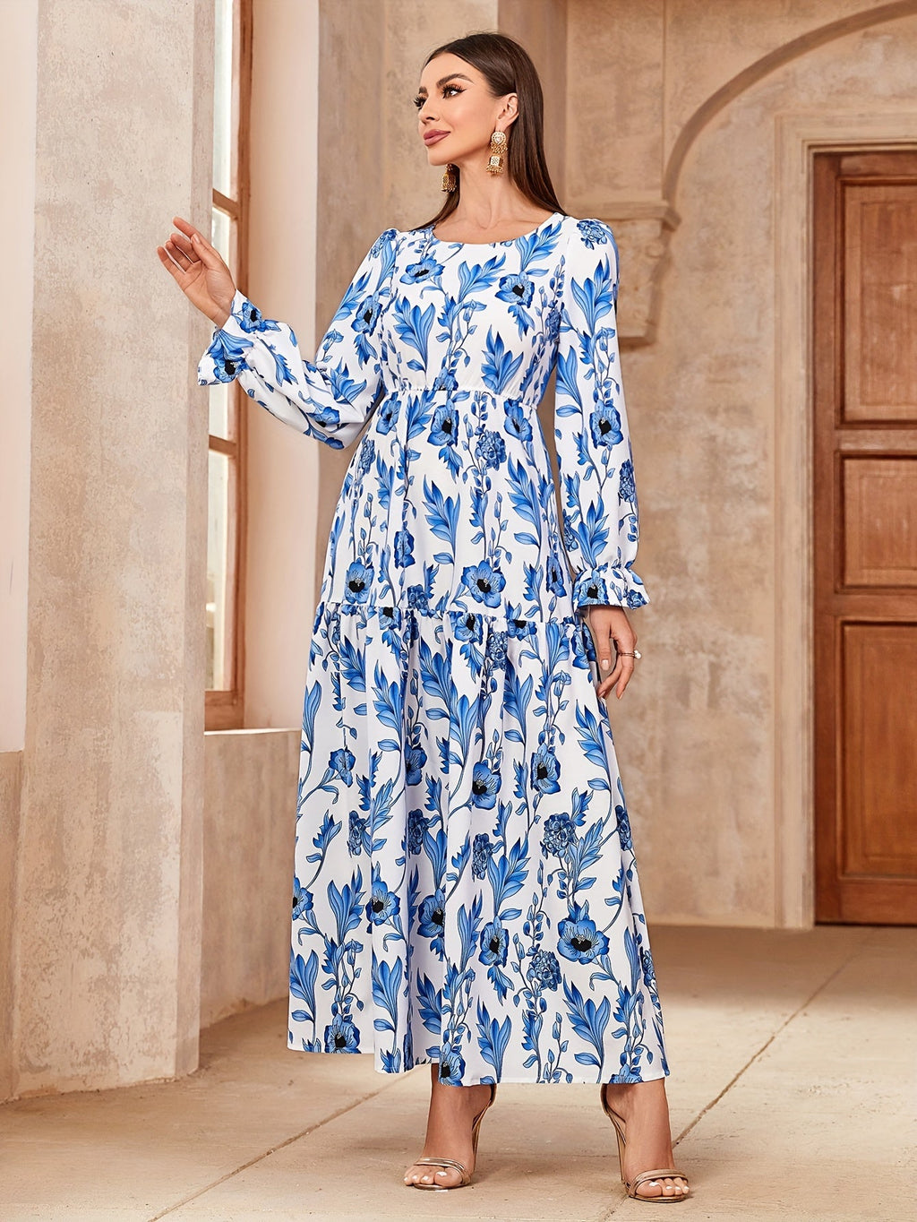 Floral Print Crew Neck Kaftan Dress, /MH_2_image