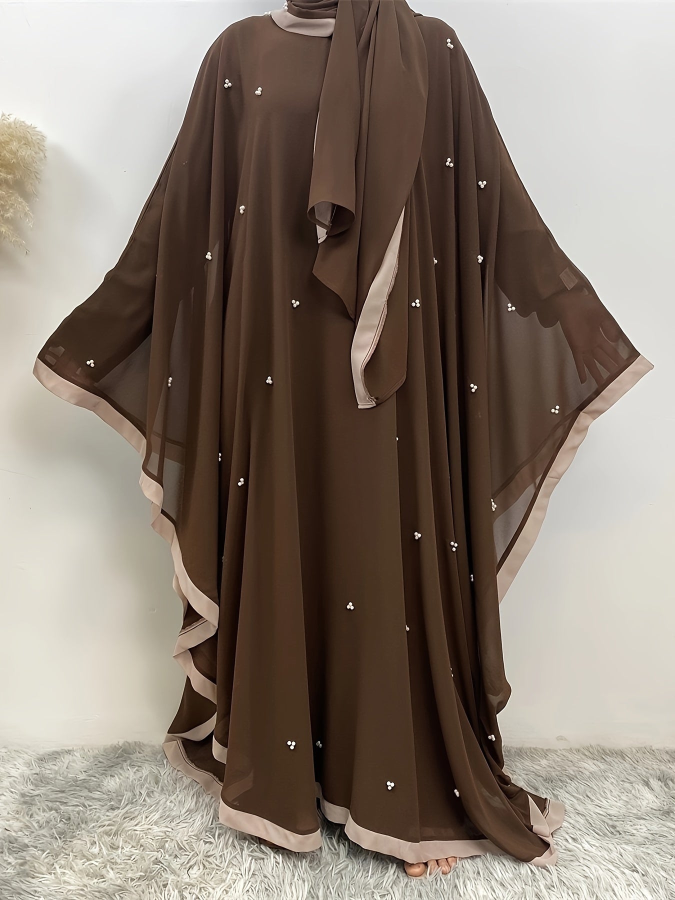 Beaded Contrast Trim Modest Dress, Elegant Batwing Sleeve Loose Maxi '/MH_8_image