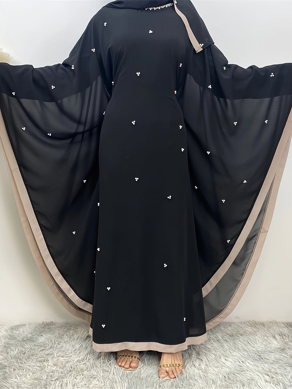 Beaded Contrast Trim Modest Dress, Elegant Batwing Sleeve Loose Maxi '/MH_0_image