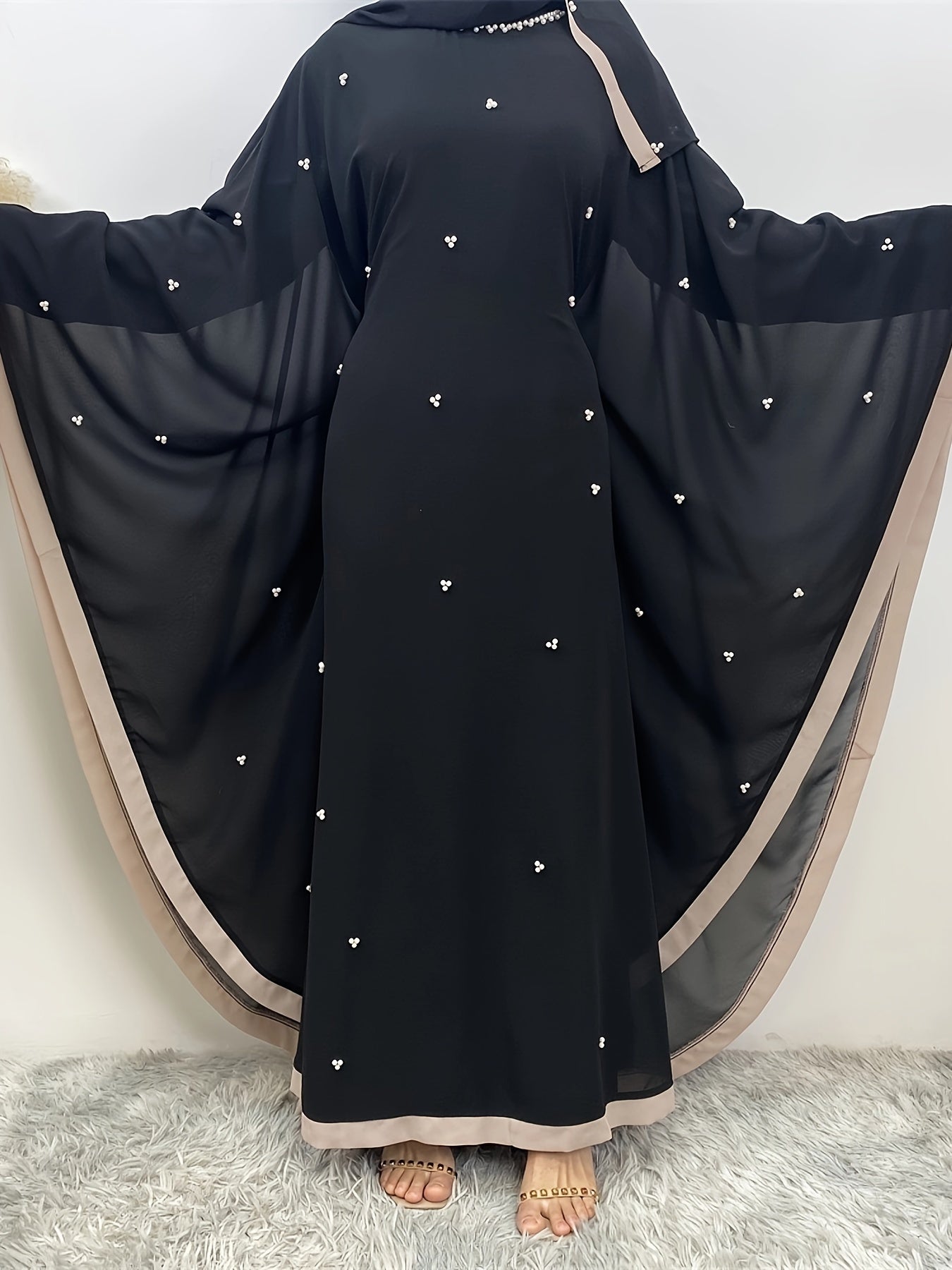 Beaded Contrast Trim Modest Dress, Elegant Batwing Sleeve Loose Maxi '/MH_0_image