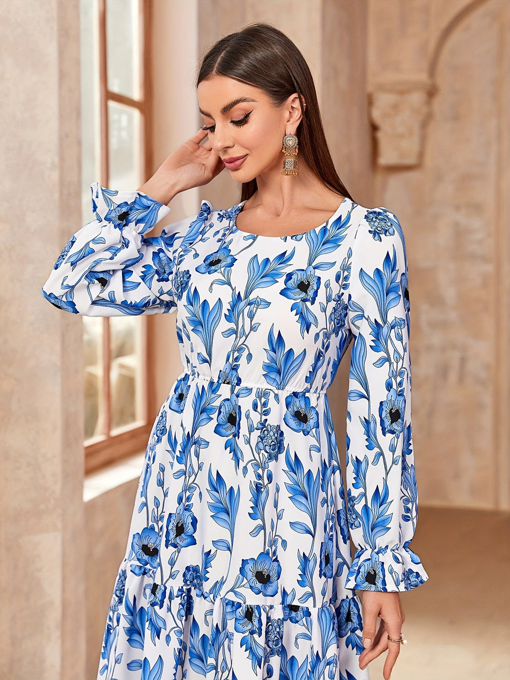 Floral Print Crew Neck Kaftan Dress, /MH_3_image