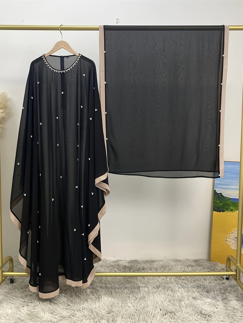 Beaded Contrast Trim Modest Dress, Elegant Batwing Sleeve Loose Maxi '/MH_9_image