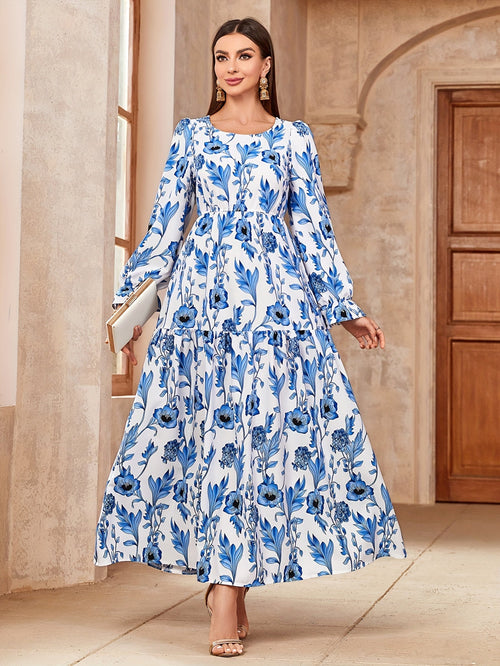 Floral Print Crew Neck Kaftan Dress, /MH_0_image