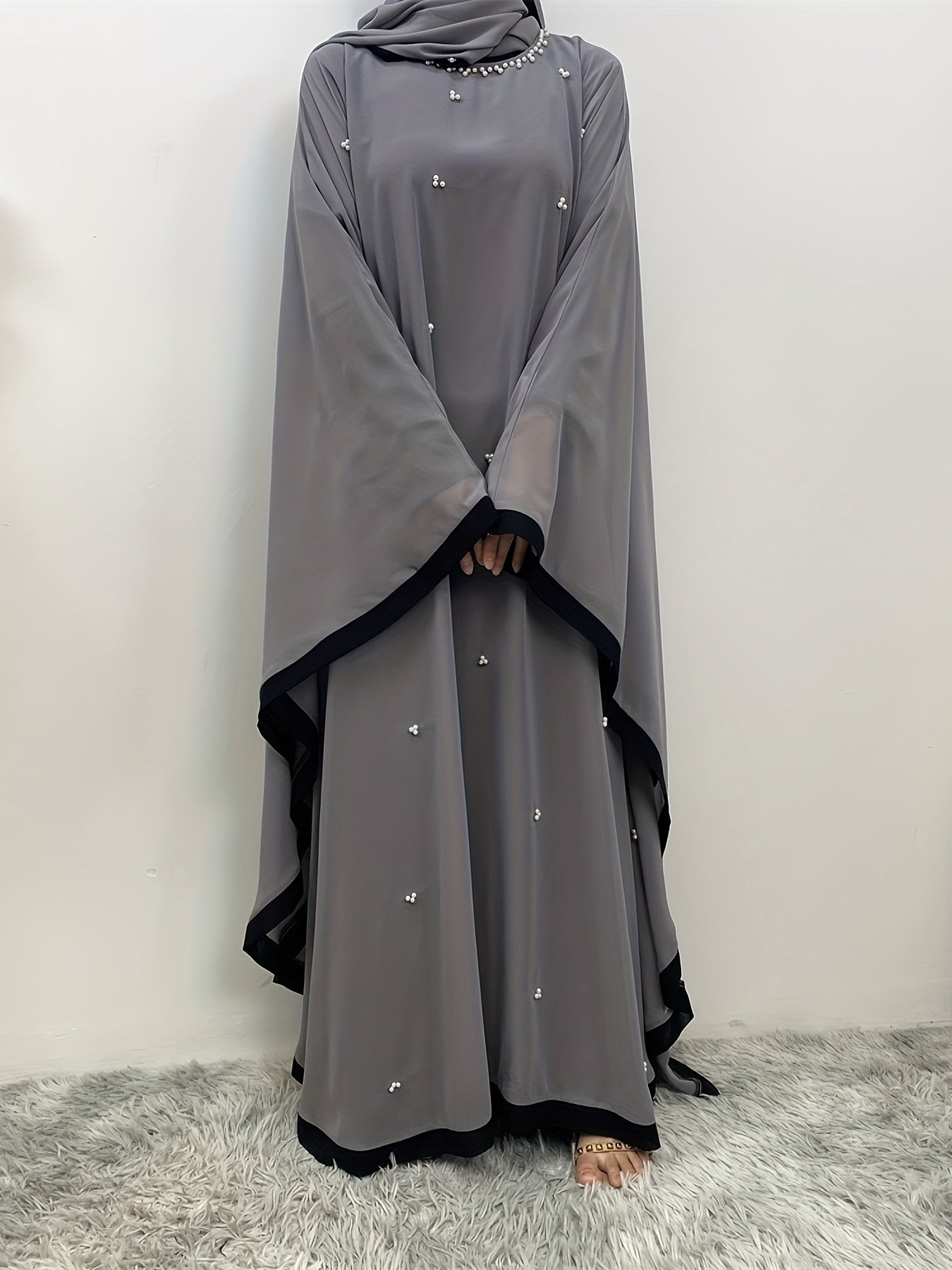 Beaded Contrast Trim Modest Dress, Elegant Batwing Sleeve Loose Maxi '/MH_4_image