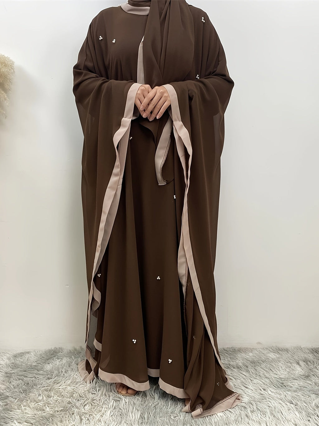 Beaded Contrast Trim Modest Dress, Elegant Batwing Sleeve Loose Maxi '/MH_5_image