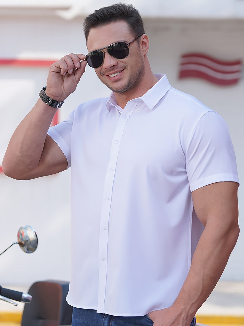 Men's Short Sleeve Lapel Collar T-Shirts In Solid Color,_0_image